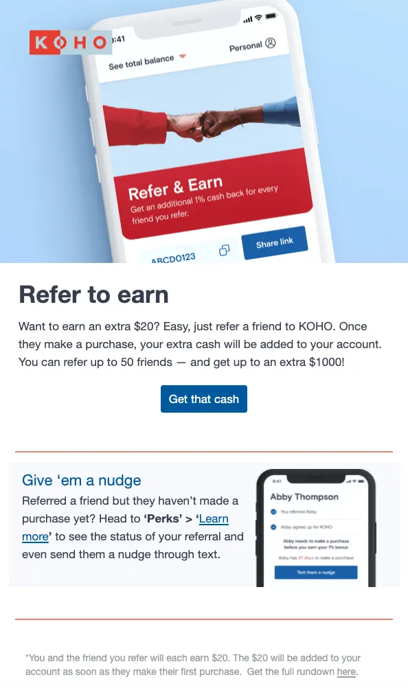 OHO that lets customers know about the referral program as part of an onboarding email sequence, sending about a month after the user first signs up